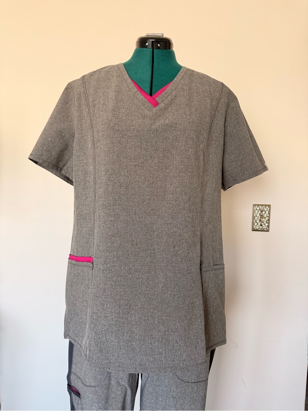 Women's Grey Scrub Set with Pink Trim